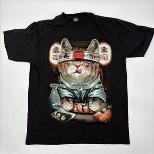 Caballo Sushi Cat T-Shirt Mens XL Black Graphic Tee Chef Japan Cat Lover 2 Sided